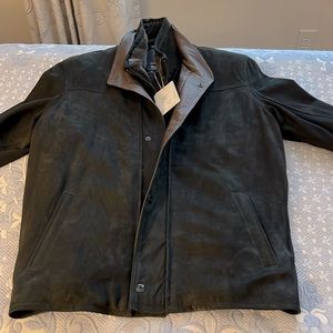 NWT 100% sz 40/M lambskin leather navy blue w/ brown inside trim, handcrafted